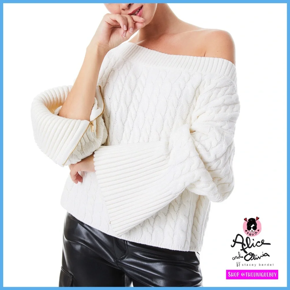Alice + Olivia Ina Off White Wool Blend Cable Knit Pullover Sweater